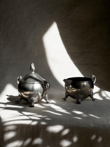 Patinated <b>silver</b>-plated sugar bowl and creamer – Antique <b>tea</b> <b>set</b> – Vintage duo - Product Image 5