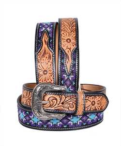 Ceinture en cuir véritable perlée de style western haut de gamme avec boucle en alliage d'argent à motif floral, style ethnique décontracté, ceinture artisanale durable - Product Image 1