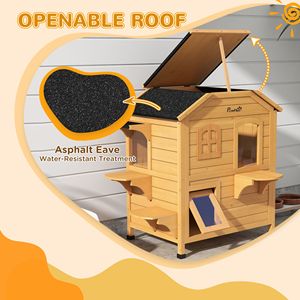 Casetta Classica per Gatti a 2 Piani da Esterno con Porta di Fuga, Design Rettangolare, 4 Piattaforme, Stile Naturale, in Legno di Abete, Rifugio per Gatti Randagi, Tetto in Asfalto - Product Image 4