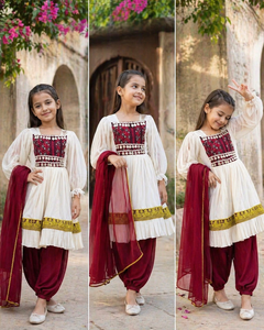 Vestido Afgano Bordado Blanco para Niños, Manga Larga, Traje Tradicional Afgano, Pantalones Color Granate con Dupatta, para Todas las Temporadas - Product Image 1