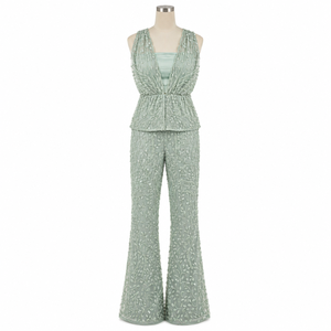Luxury Sage Green Embroidered Co Ord Set for Women | Sleeveless Peplum Top and <b>Flared</b> Pants | Designer Party Wear Evening Outfit - Product Image 1