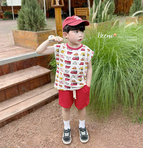 T-shirts en toile décontractés d'été de haute qualité à manches courtes, imprimés voiture, pour tout-petits garçons, ensembles en coton pour la maison - Product Image 1