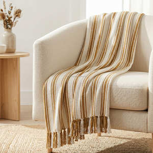 Manta de Sofá Tejida de Algodón Crema con Rayas Horizontales de 130x170 cm, con Flecos Decorativos para Decoración Moderna del Hogar - Product Image 4