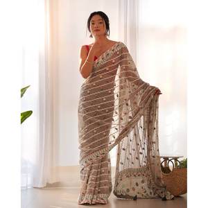 RICH LOOK ORGANZA FIL DE SOIE BRODERIE TRAVAIL SAREE AVEC CHEMISIER INCOSÉ GRIS - Product Image 1