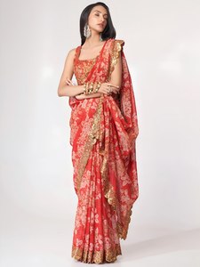 <b>Red</b> Silk <b>Saree</b> With Floral Print And Gold Embroidered Border Traditional Indian Wedding Wear For Women - Product Image 4