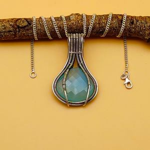 Aqua Chalcy 925 <b>Sterling</b> <b>Silver</b> <b>Wire</b> Wrapped Unique Design Neckalce Custom Design Fine Pendants Charms Wholesale Jewelry - Product Image 3