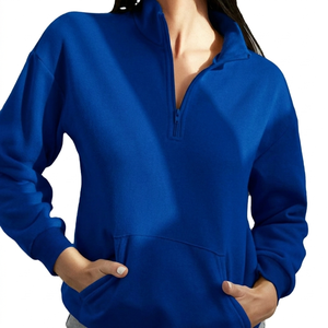 Women's Royal Blue Half-Zip <b>Stand</b> Collar Sweatshirt Solid Color Long Sleeve Knitted Breathable Autumn Wear - Product Image 1