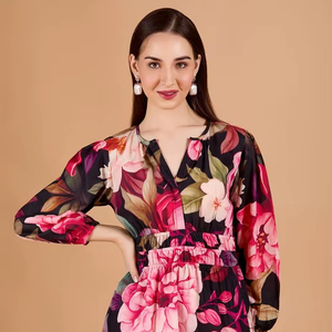 Midi Dress Hand Block Printed Cotton Sleeveless Ruched Decoration Fit Flare Dress V-neck <b>Three</b>-quarter Bell Sleeve Midi Dress - Product Image 1