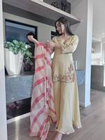 Ensemble Plazzo en Crêpe de Soie Naturel Anti-Plis Réversible pour Femme TENNECY avec Magnifiques Broderies et Sequins, Style Soirée, Toutes Saisons