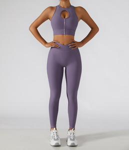 Ensemble de sport côtelé pour femme, legging taille haute et brassière de sport zippée, deux pièces sans couture, pour yoga, gym et fitness - Product Image 6
