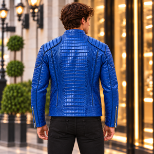 <b>Mens</b> <b>Blue</b> for Embossed Cow Skin Stand Slim Fit Motorcycle Jacket Breathable Custom OEM Luxury Fashion Outerwear - Product Image 3