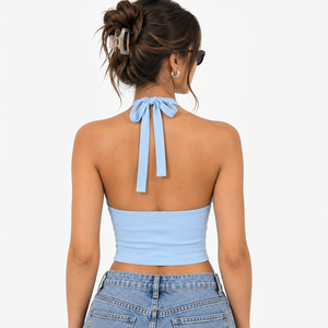 Women Ribbed Halter Neck Crop <b>Top</b> Tie Back Sleeveless Fitted Tank <b>Top</b> - Product Image 4