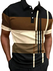 Polo de Manga Corta para Hombre, Diseño Geométrico con Bloques de Color, Tejido Transpirable, 100% Poliéster, Corte Regular, Venta al Por Mayor - Product Image 3