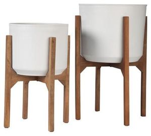 Minimalist Wooden Flower <b>Pot</b> <b>Stand</b> with Metal White Cylinder Planter for Indoor Desktop Use - Product Image 3