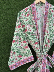 Indian Floral Hand Block Print Handcrafted 100% Cotton Women's Long Sleeve V-Neck <b>Kimono</b> Robe Machine-Washable Summer High - Product Image 1