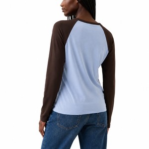 T-shirt à manches raglan color block pour femme, col rond, manches longues, haut décontracté en jersey, coupe classique, coton respirant, toutes saisons, OEM - Product Image 2