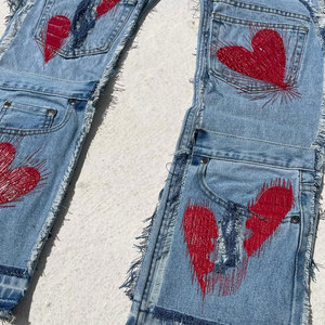 Pantalones vaqueros de hombre rasgados de color liso estilo holgado urbano Hip Hop, pantalones vaqueros acampanados para hombre con logo personalizado, ¡gran oferta! - Product Image 4