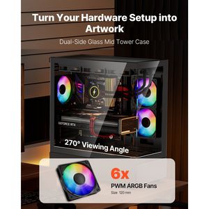 Case PC Gaming Mid Tower ad Alto Flusso d'Aria con 6 Ventole PWM ARGB da 120 mm, Filtro Antipolvere Facile da Pulire, Pannello in Vetro Temperato, Compatibile con Schede Madri Micro ATX - Product Image 2