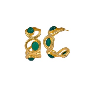 Wholesale Elegant Fashion <b>Earrings</b> Handcrafted Natural Green <b>Onyx</b> Gemstone Gold Plating Statement Hoops Stud Premier Jewelry - Product Image 1