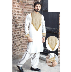 Handmade White Kuchi Tribal Kurta Afghani Shalwar <b>Kameez</b> Embroidered Gold Wedding Formal Ethnic Dress Indian & Pakistan Style - Product Image 1