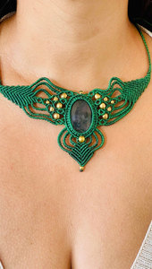 Handmade Labradorite Macrame <b>Statement</b> <b>Necklace</b> Green Intricate Wing Design Natural Gemstone Boho Healing Crystal Jewelry - Product Image 4