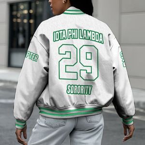 Veste universitaire personnalisée pour femmes Iota Phi Lambda, blanche unie, avec lettres vertes, écusson, numéro et année, style bomber - Product Image 2