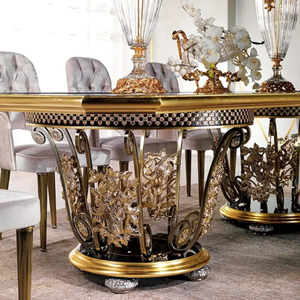 Juego de Comedor de Lujo Europeo, Mesa Rectangular para 8 Personas con Cubierta de Vidrio, Negro y Dorado, Artístico, Madera de Caoba Sólida, Muebles para Villa - Product Image 4