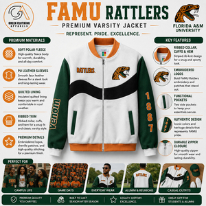 FAMU Custom Wholesale Unisex Green Orange Fleece Hooded Breathable Eco-Friendly Winter Varsity <b>Jacket</b> Vintage Embroidery Stand - Product Image 5