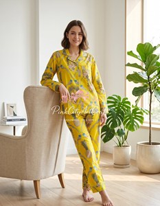 Conjunto de Pijama de Verano de Algodón Hecho a Mano para Mujer, Estampado Floral de Aves en Amarillo Vibrante, Transpirable, de Secado Rápido, Elegante y Lujoso - Product Image 5