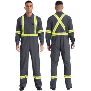 Mens High Visibility Reflective Stripes Coverall Long Sleeve Zipper Jumpsuit <b>Engineering</b> Uniform <b>Overall</b> Workwear - Product Image 2