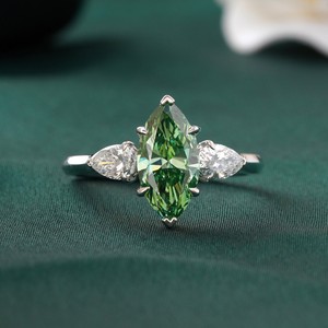 Fancy Vivid Green Marquise Cut Lab Grown Diamond <b>Ring</b> with Prong Setting 14K <b>Gold</b> Unique Statement Color - Product Image 1