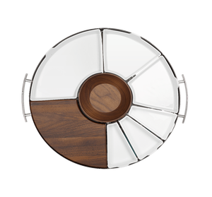 Round Stainless Steel Serving Tray with Wooden Board and Porcelain Compartments for Snacks Appetizers Party Use - Product Image 1