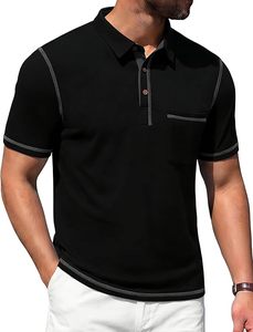 Polo à manches courtes noir pour homme, couleur unie, boutons sur le devant, décontracté, en coton tricoté, avec poche, coupe classique - Product Image 2