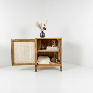 Mesita de Noche de Madera de Teca con Mimbre, 1 Puerta, Mesa Auxiliar, Armario de Almacenamiento, Cómoda Baja para Dormitorio Moderno, Venta al por Mayor - Product Image 2