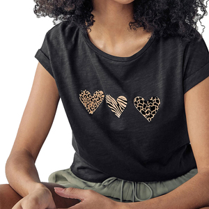 T-shirt à manches courtes noir pour femme avec imprimé animal, cœurs, col rond, style décontracté, tissu jersey 100% coton, coupe régulière - Product Image 6