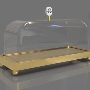 ถาดวางขนมรูปพระจันทร์เสี้ยวสี่เหลี่ยม ทำจากสแตนเลสสีทองและกระจก เป็นมิตรกับสิ่งแวดล้อม เหมาะสำหรับเทศกาลรอมฎอนและอีด พร้อมฝาครอบทรงโดม ใช้กับเครื่องล้างจานได้ - Product Image 1