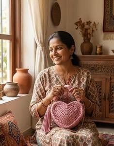 Bolso de Mano de Ganchillo con Corazón Étnico para Mujer - Bolso de Hombro Boho Rosa Empolvado con Dos Correas y Perlas, Tejido de Cordón de Algodón - Product Image 3