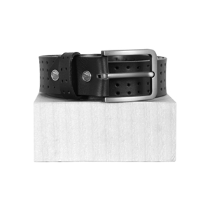 Ceinture pour homme en cuir de vachette véritable, noire, perforée, style gothique, décontractée, avec boucle à ardillon métallique, logo personnalisé, OEM, ODM, vente en gros - Product Image 4