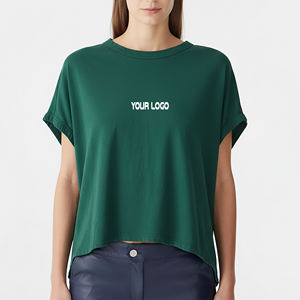 Camiseta Corta de Manga Corta con Cuello Redondo Verde para Mujer, Personalizable con Logotipo, Ajuste Holgado, Color Sólido, Informal, 100% Algodón, Transferencia Térmica - Product Image 1