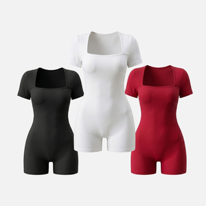 Mono Deportivo de Yoga para Mujer, de Alta Calidad, Manga Corta, Cuello Cuadrado, Sin Costuras, Spandex/Nailon, Color Sólido - Product Image 1
