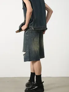 Ripped <b>Men's</b> Denim <b>Shorts</b> 100% Cotton Baggy Oversized Vintage Wash <b>Knee</b> <b>Length</b> Elastic Waist High Waist - Product Image 5