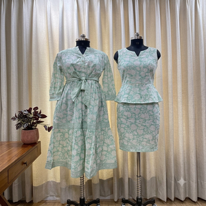 Robe trapèze longue à volants en coton 100% vert imprimé au bloc à la main, style indien, avec ceinture à nouer assortie pour femme - Product Image 3