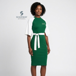 Iota Phi Lambda Women's Green And <b>White</b> Contrast Color Block Bodycon Midi Dress <b>Cape</b> Sleeve Button Detail Waist Tie Fitted Dress - Product Image 6