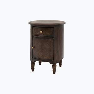 Mesa de Noche de Madera de Teca en Tono Nogal Oscuro, Gabinete de Almacenamiento Tipo Tambor con un Cajón - Product Image 2