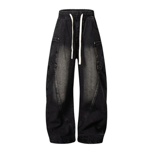 Men's Wide Leg Denim <b>Jeans</b> Washed Distressed Drawstring <b>Elastic</b> <b>Waist</b> Baggy Barrel Pants Casual Streetwear - Product Image 1
