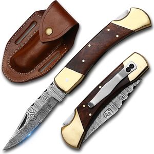 มีดพับเหล็กดามัสกัสสวยงามขนาด 3.5 นิ้ว ด้ามไม้พะยูงและทองเหลือง อุปกรณ์ล่าสัตว์กลางแจ้ง EDC รับผลิตแบบ OEM/ODM ราคาขายส่ง - Product Image 1