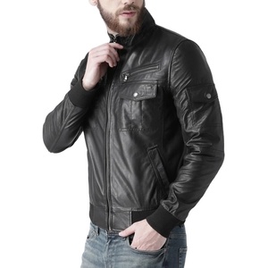 Mens Black Faux Leather Eco-Friendly <b>Vintage</b> <b>Bomber</b> <b>Jacket</b> Stand Collar Ribbed Cuffs Multi Pocket Zip Front Casual Motorcycle - Product Image 3