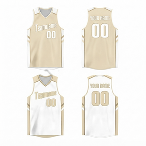 เสื้อบาสเก็ตบอลผู้ชายแบบสั่งทำตามเทรนด์ปี 2026 ขายส่ง ผ้าตาข่ายสีเบจ โพลีเอสเตอร์ 100% ระบายอากาศได้ดี แห้งเร็ว คอวี - Product Image 1