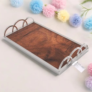 Premium Wooden Serving <b>Tray</b> with Solid Wood Base Sturdy Metal Handles Smooth Finish Perfect for Dining Coffee <b>Table</b> Decor - Product Image 1