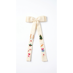 Fabric Hair <b>Bow</b> Ribbon with Christmas Embroidery Long Tail Hair Accessory for Girls Holiday Party Wear <b>Clip</b> Bulk - Product Image 1